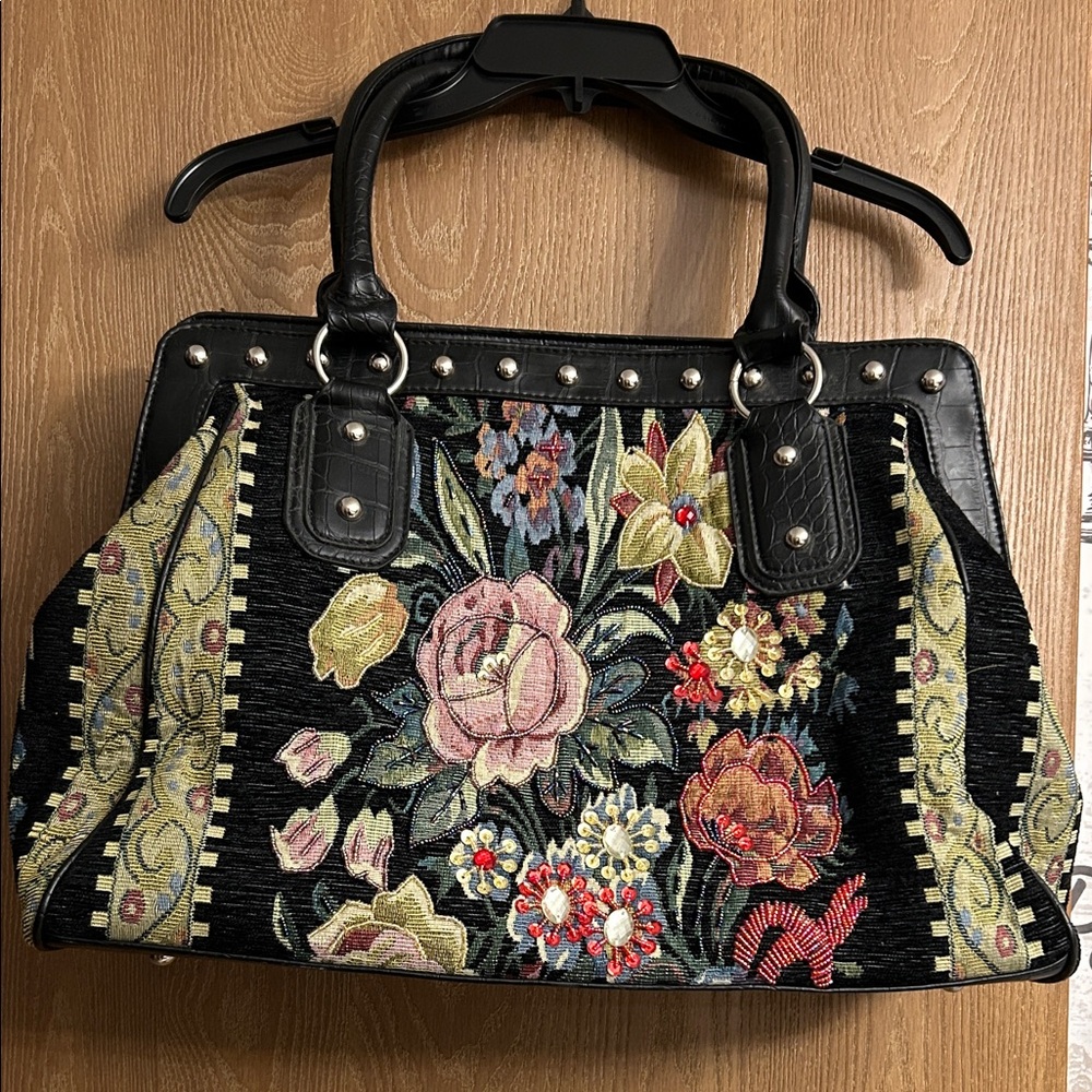 Floral Embroidered Black Shoulder Bag